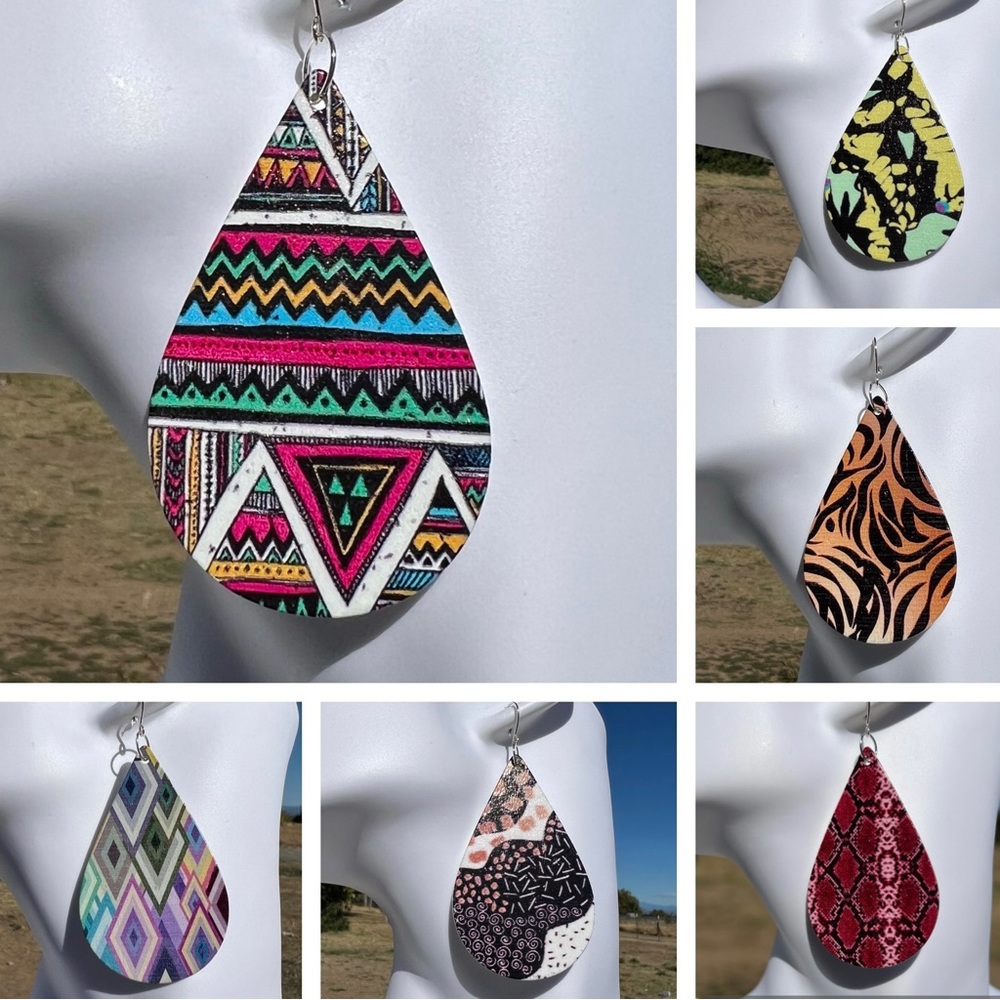 Teardrop Dangle Wood Earrings Colorful Lightweight 3”